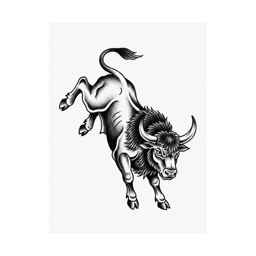 Bucking Bull Traditional Tattoo Print - Black & Grey Western