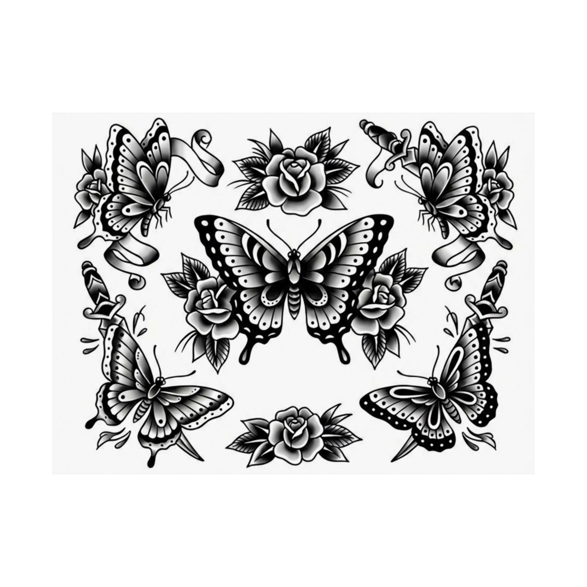 Butterfly Rose Traditional Tattoo Print — Black & Grey Classic