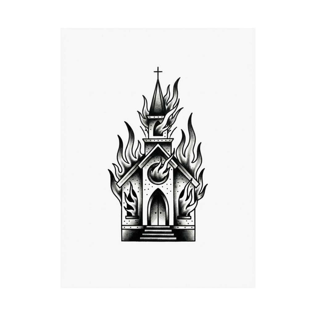 Burning Church Traditional Tattoo Print — Black & Grey Gothic