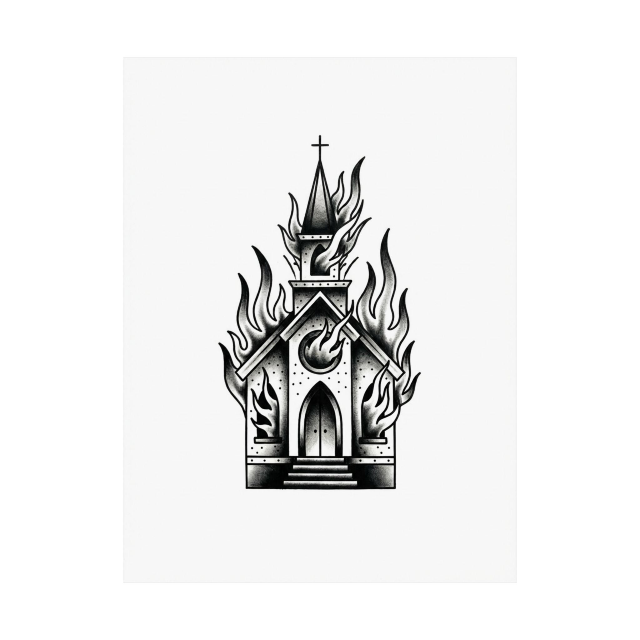 Burning Church Traditional Tattoo Print — Black & Grey Gothic