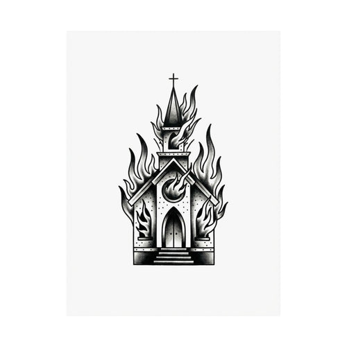 Burning Church Traditional Tattoo Print — Black & Grey Gothic