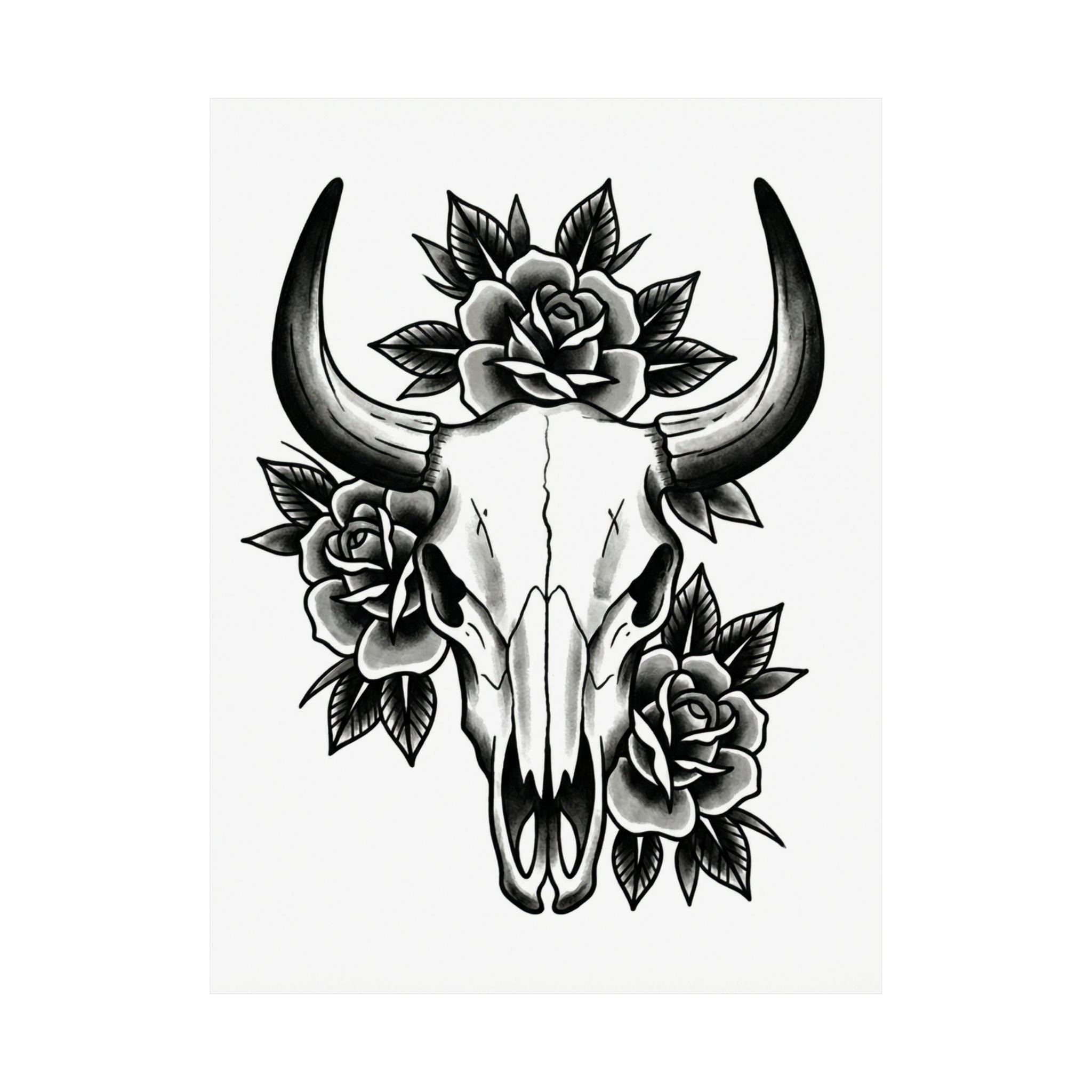 Bull Skull & Roses Matte Poster — Western Boho Wall Art
