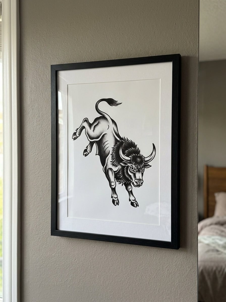 Bucking Bull Traditional Tattoo Print - Black & Grey Western