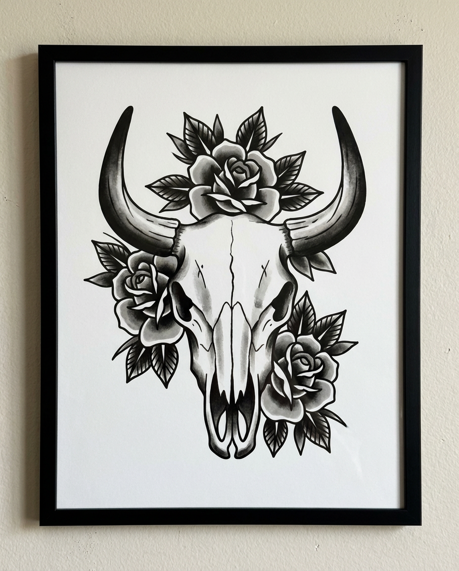 Bull Skull & Roses Matte Poster — Western Boho Wall Art