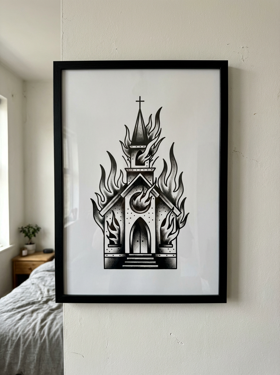 Burning Church Traditional Tattoo Print — Black & Grey Gothic