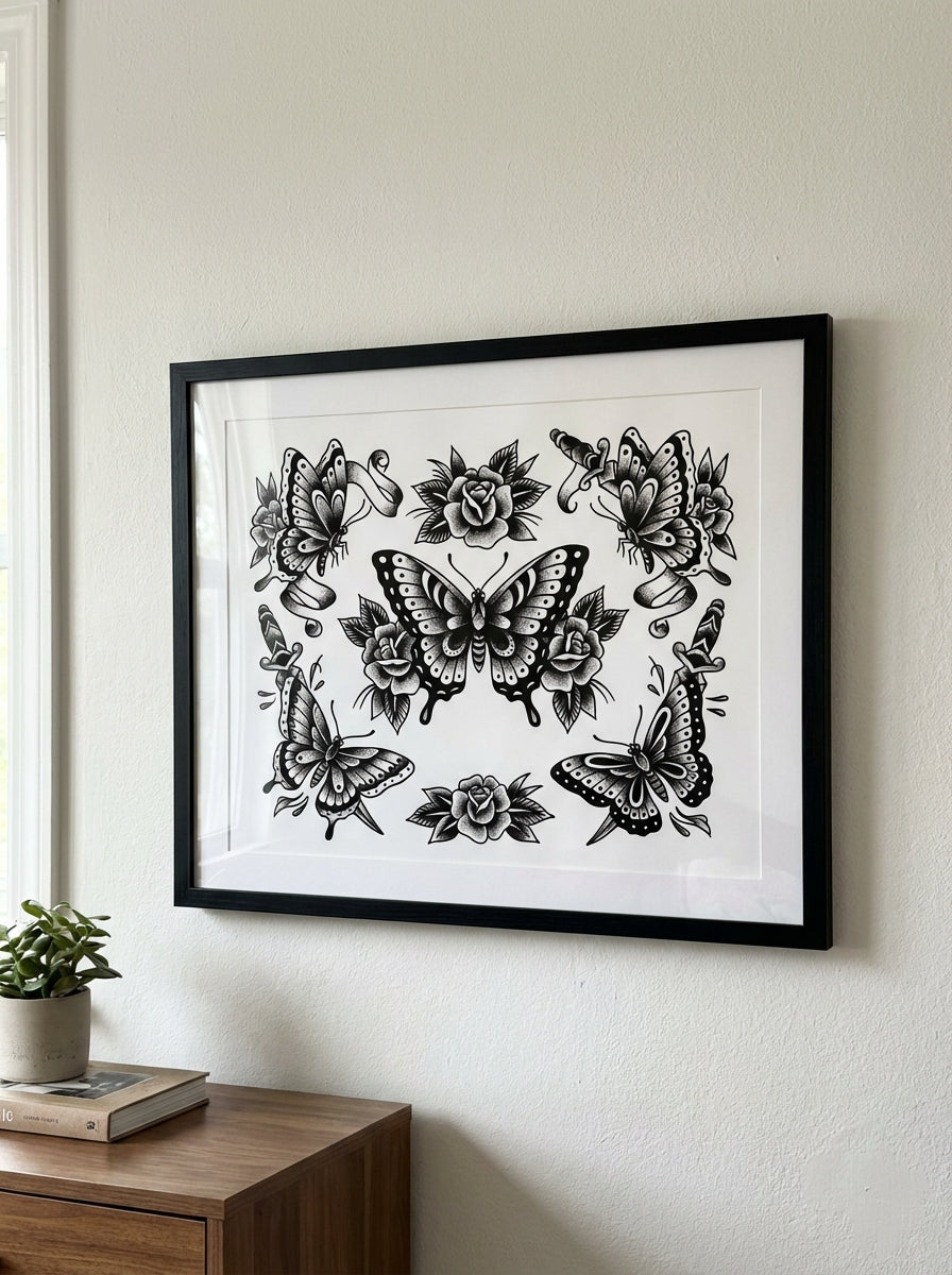 Butterfly Rose Traditional Tattoo Print — Black & Grey Classic